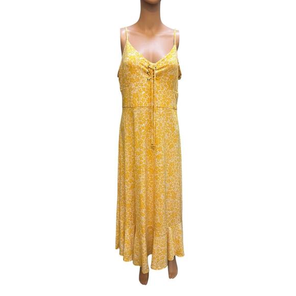 Michael Kors Yellow Floral Lace-UpMaxi Spaghetti Strap Boho Summer Sundress Sz-L - Picture 1 of 7